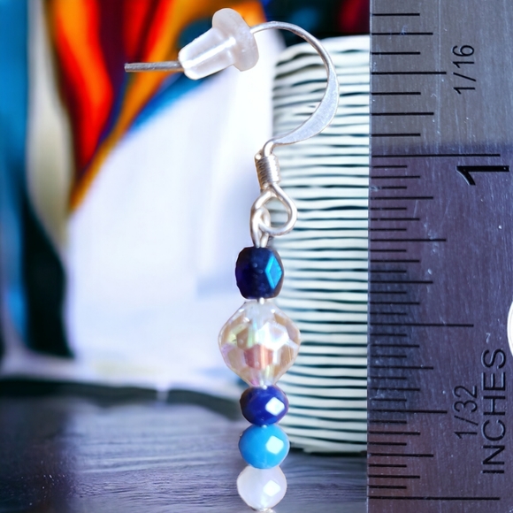 Tiny Blue, Black & Crystal Beaded Hand Crafted Drop Earrings - Picture 5 of 6